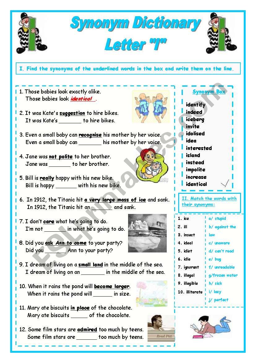 Synonym Dictionary, Letter J - ESL worksheet by Babi965