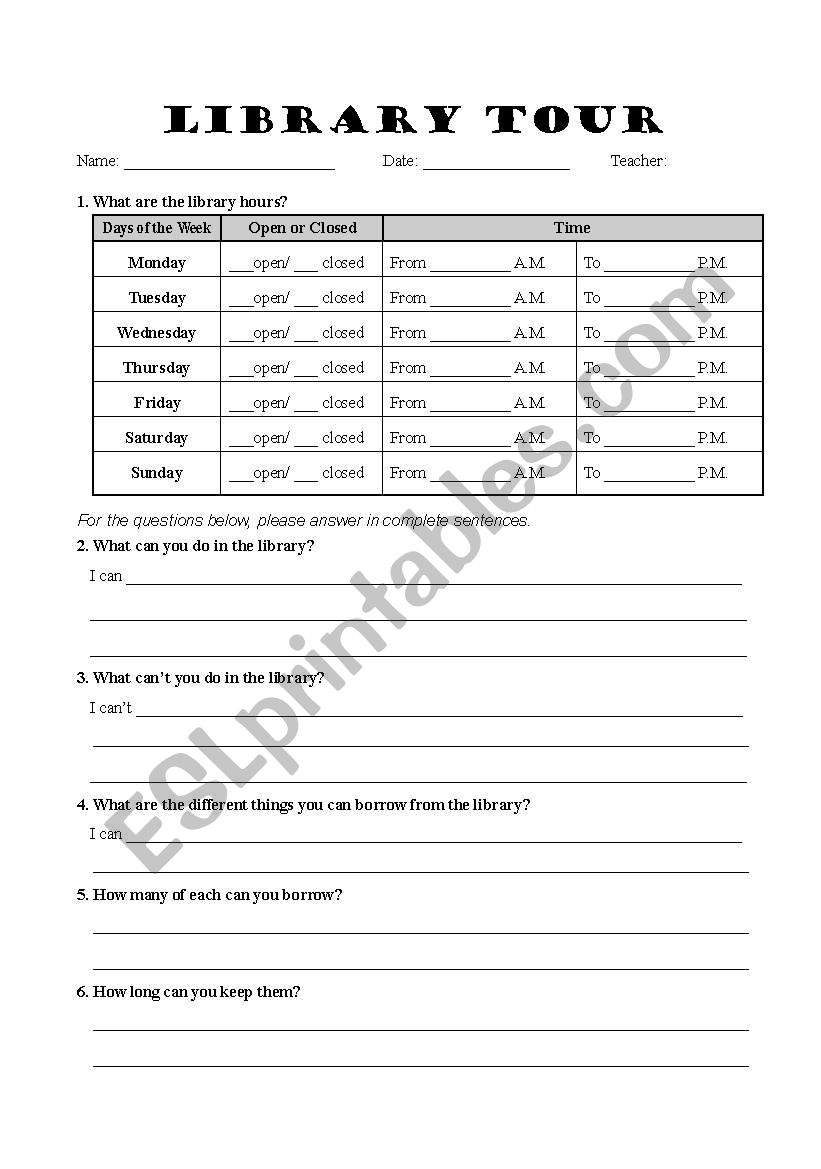 Library Tour Worksheet worksheet