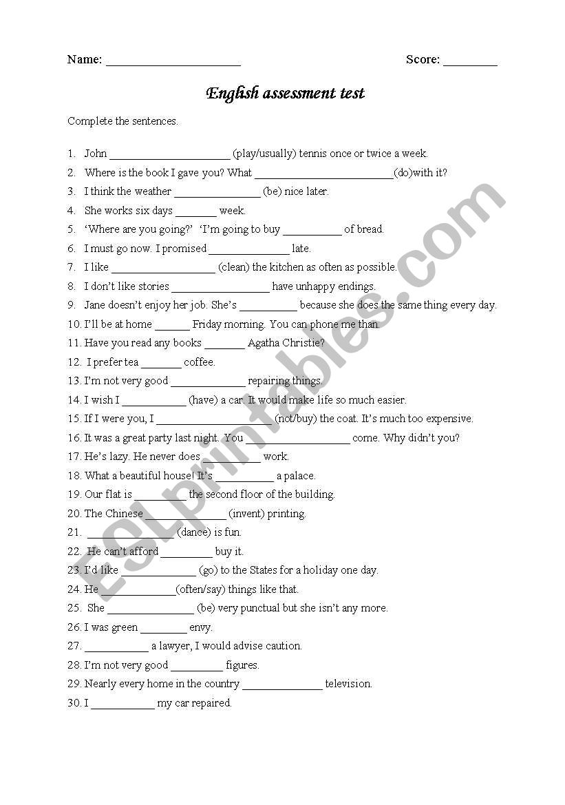 English assessment test worksheet