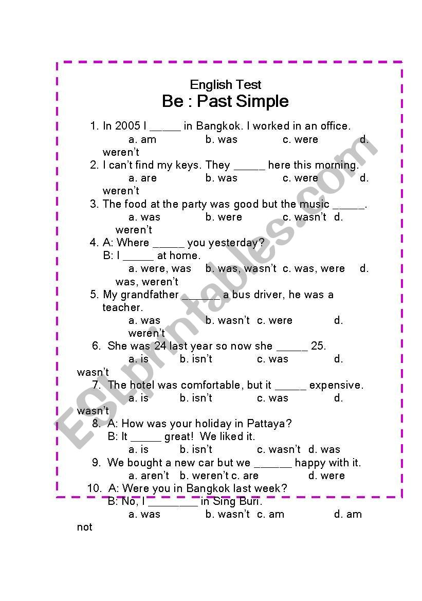 Past tense of Be worksheet