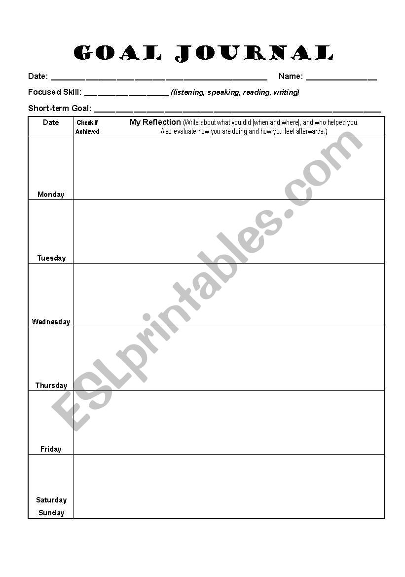 ESL Goal Journal worksheet