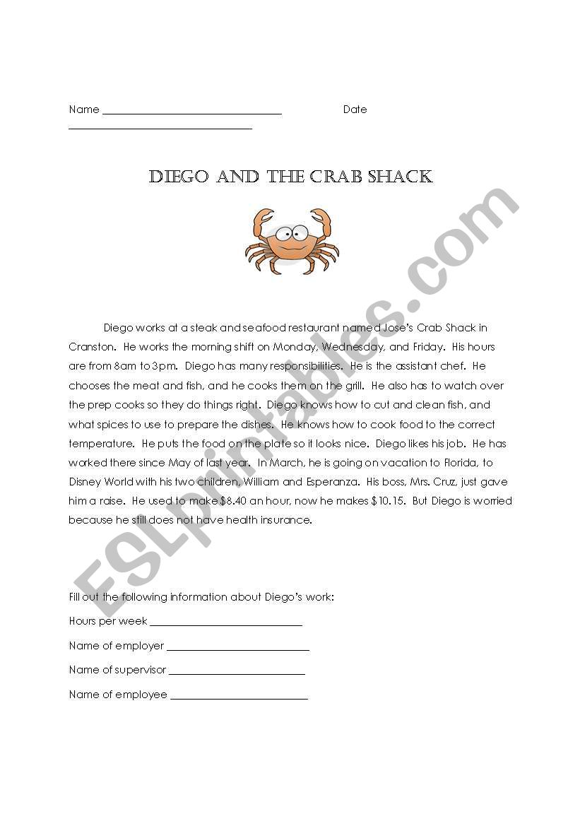 Diegos and the Crab Shack worksheet