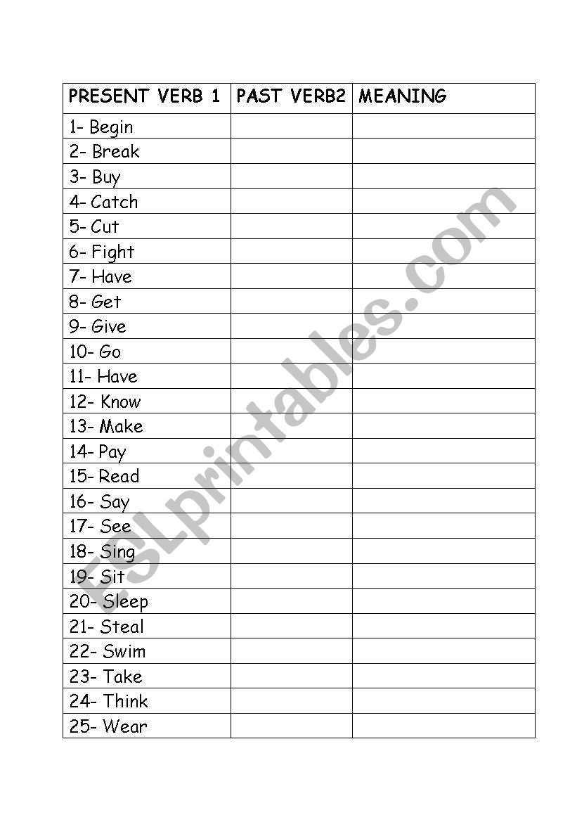 past forms of some verbs worksheet