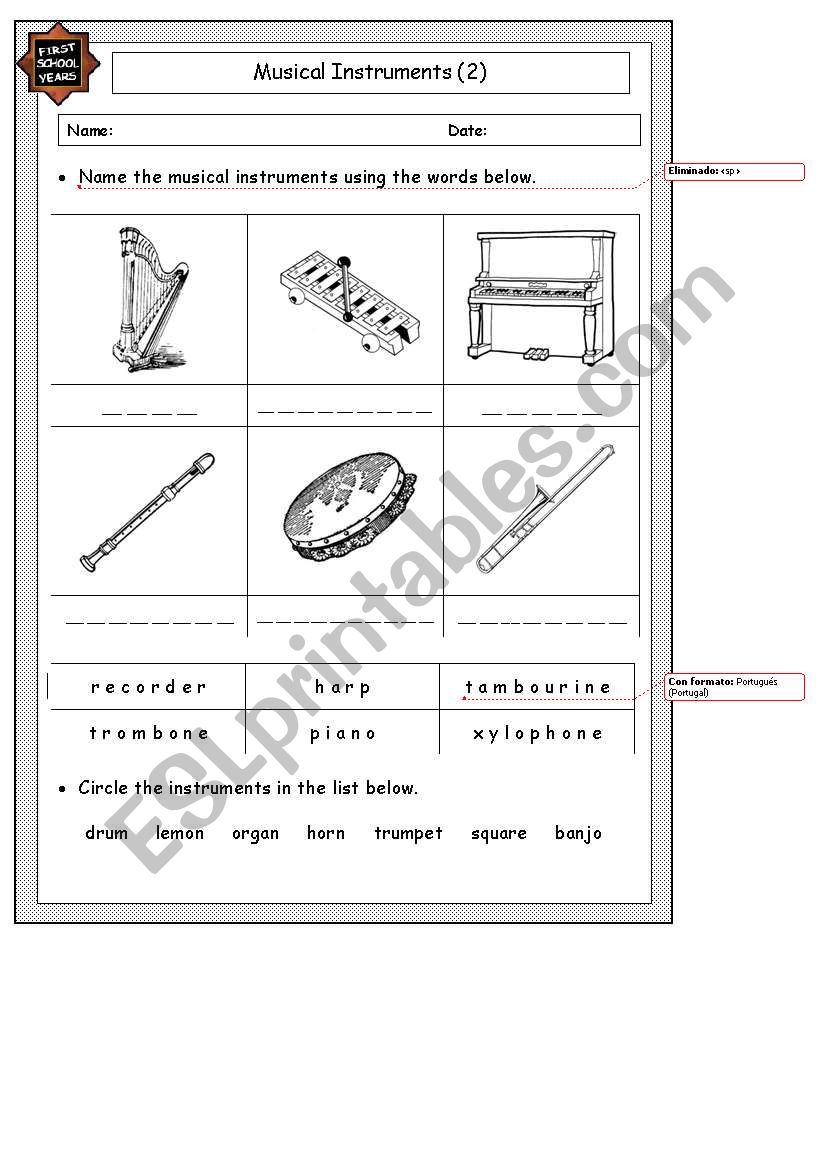 Instruments worksheet worksheet