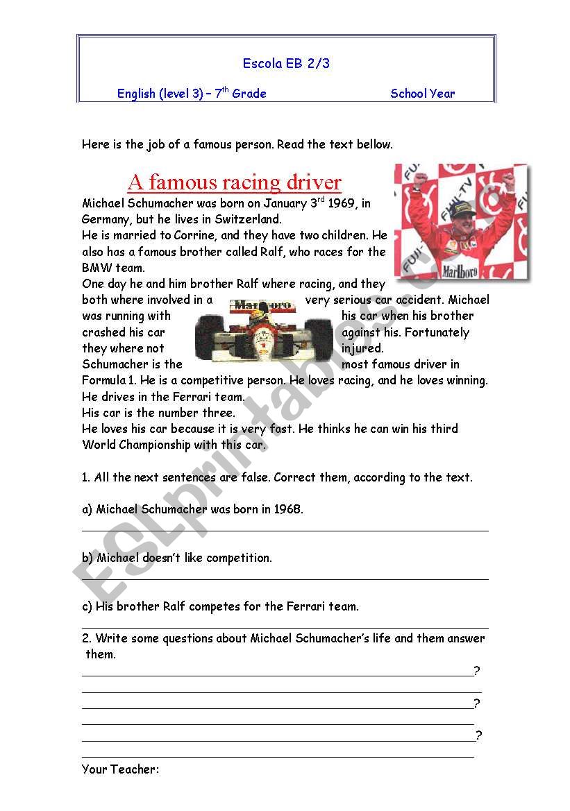 Michael Schumacher worksheet