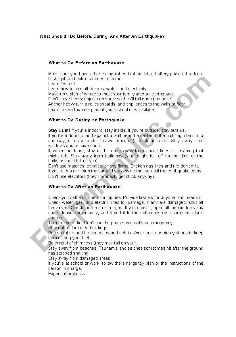 Earthquake worksheet