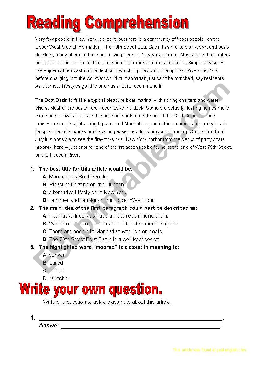 reading comprehension worksheet