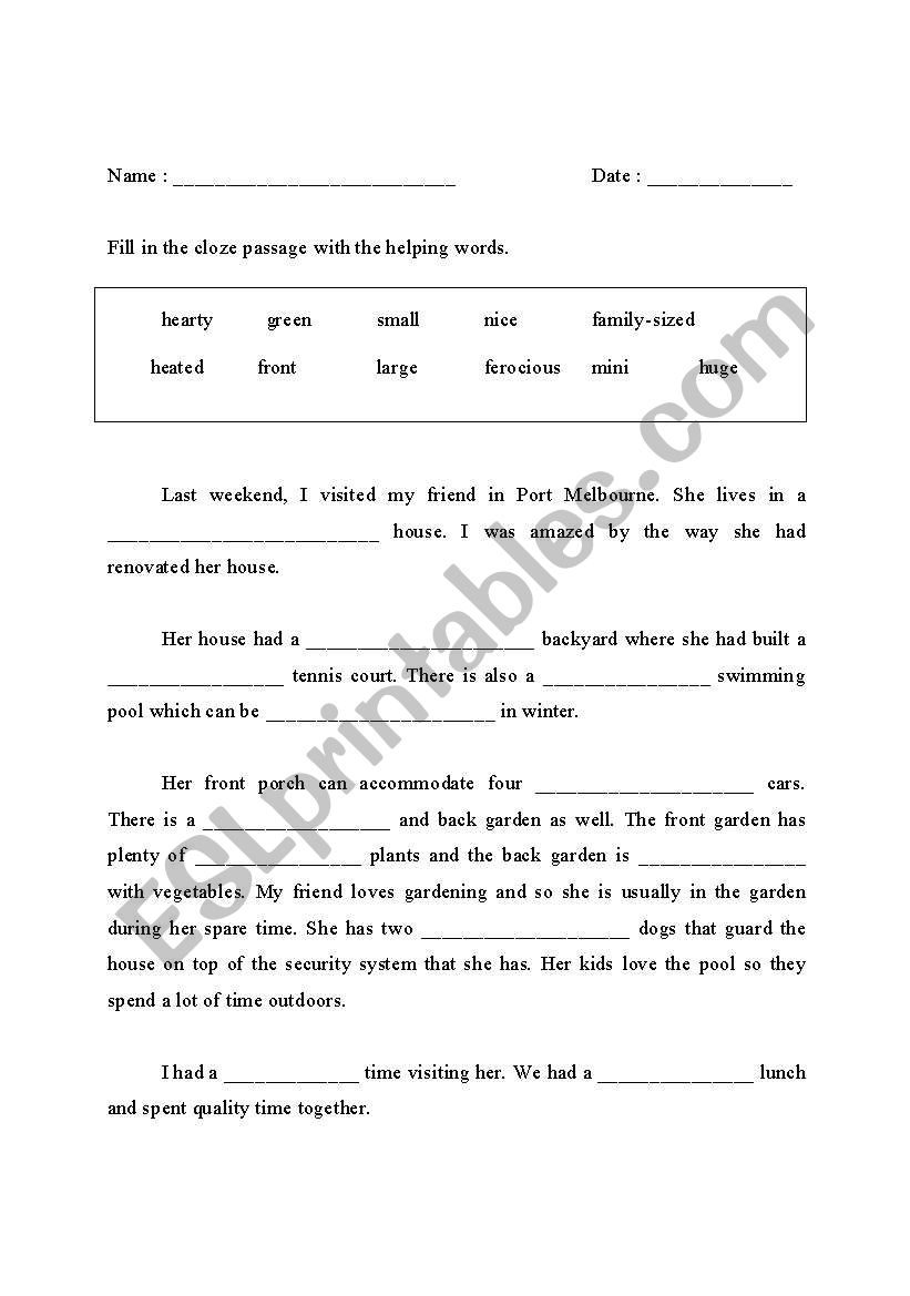 Adjective Cloze Passage Worksheets