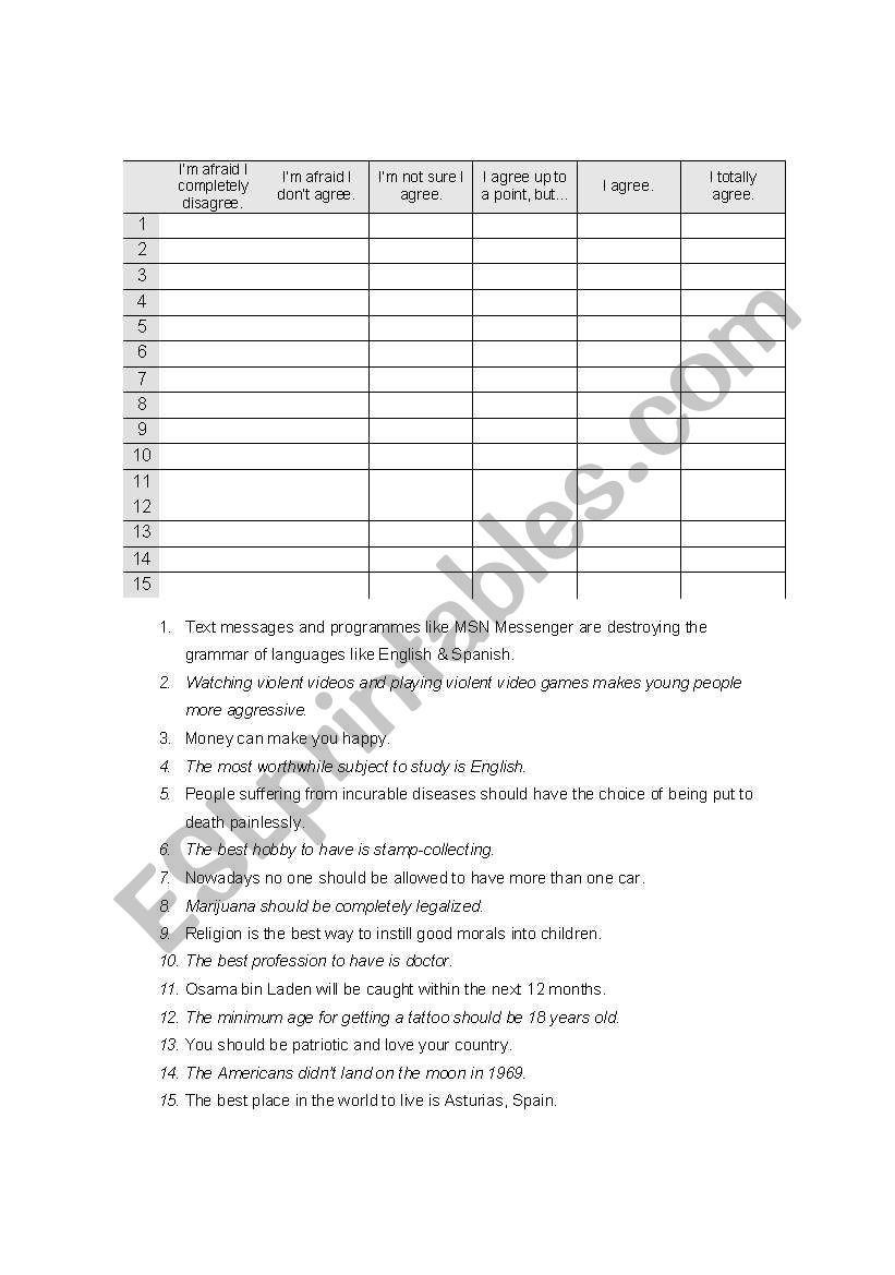 Giving opinions discussion worksheet