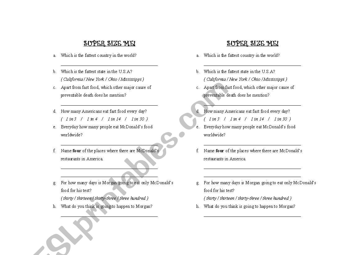 SUPERSIZE ME! - DVD Scene 1 Questions Worksheet