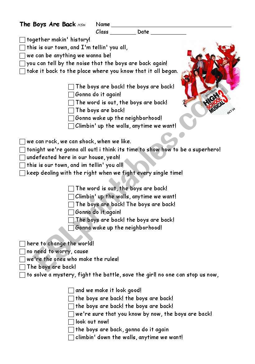 SONG, The Boys Are Back HSM3 worksheet