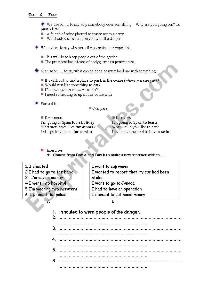 TO VS FOR worksheet