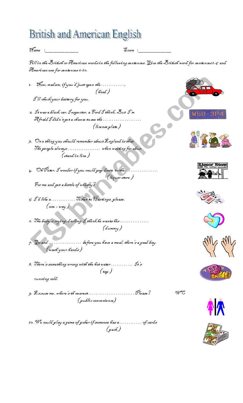 British and American Words worksheet