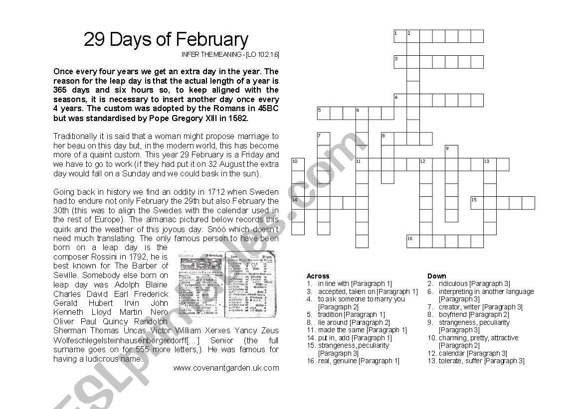 29 Days of February worksheet