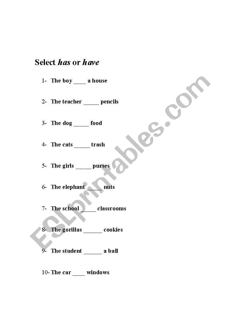 Has or Have worksheet worksheet