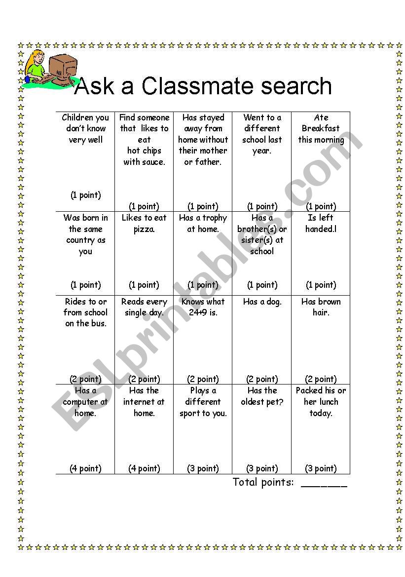 Ask a classmate search worksheet