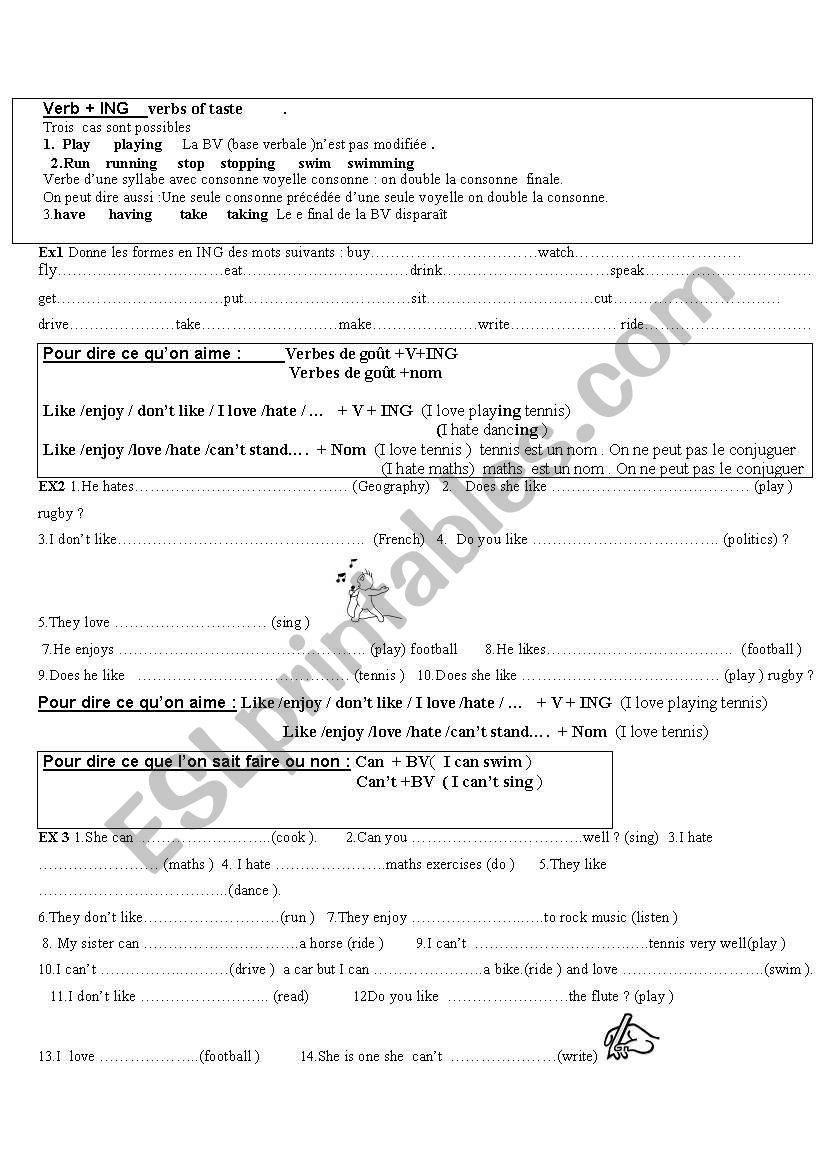 CAN +V    like + V +ING worksheet