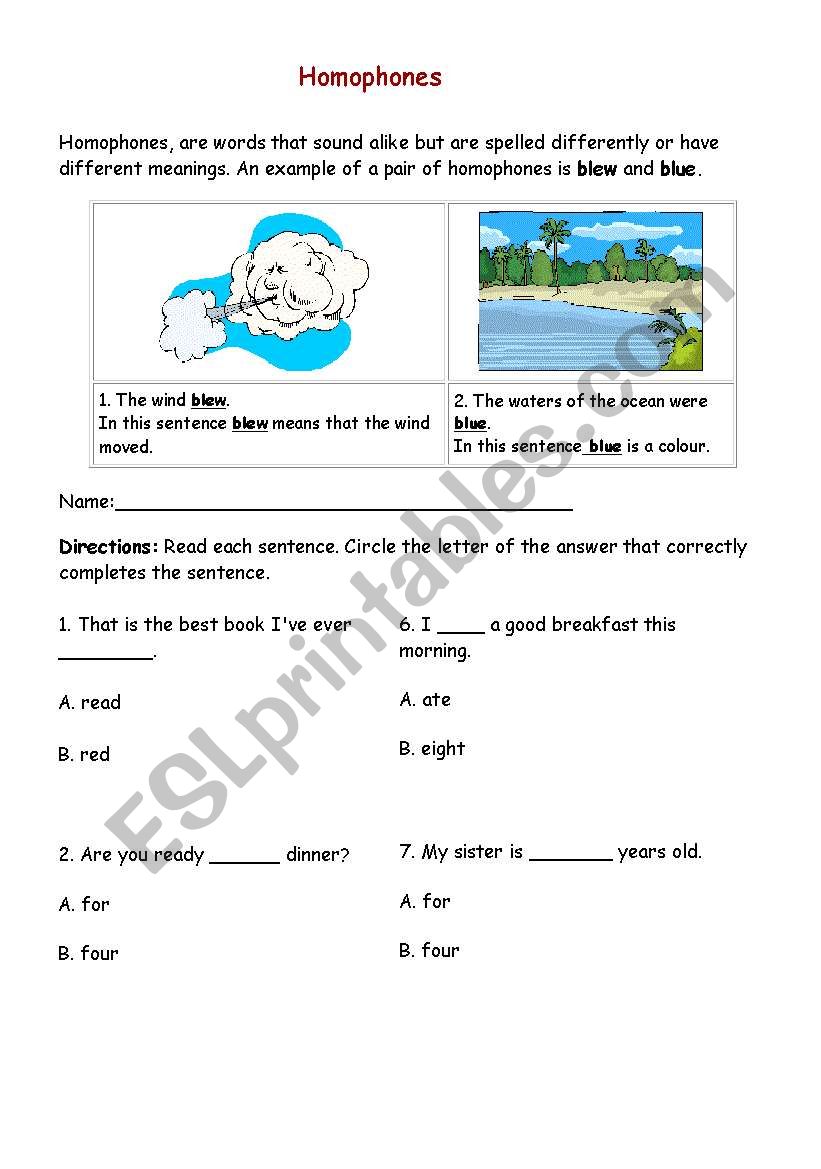 Homophones, excercise 2 worksheet