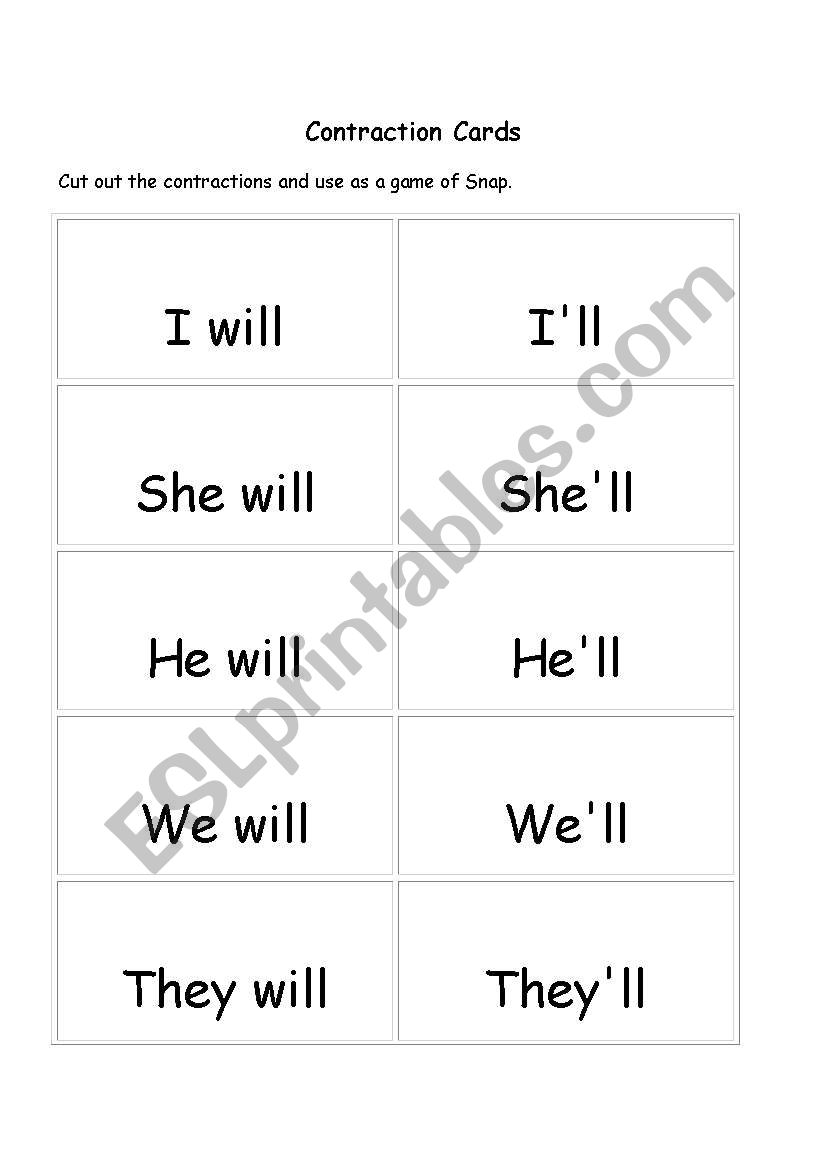 Contraction cards worksheet