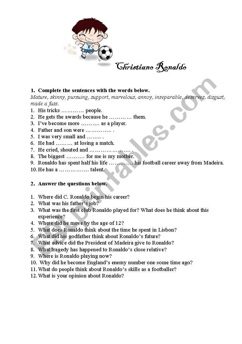 worksheet to video (http://www.cristianoronaldoworld.com)about famous footballer Cristiano Ronlado, 