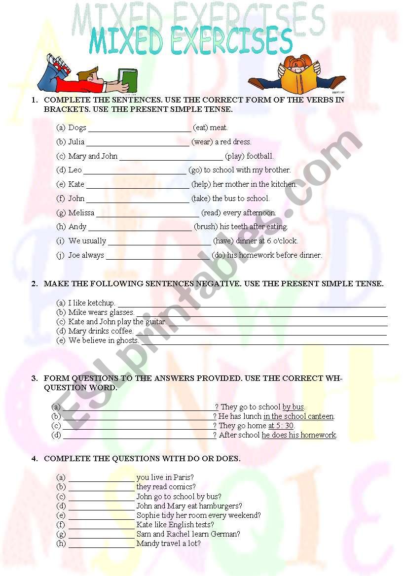 Mixed exercises - Present Simple, Possessives, Body Parts