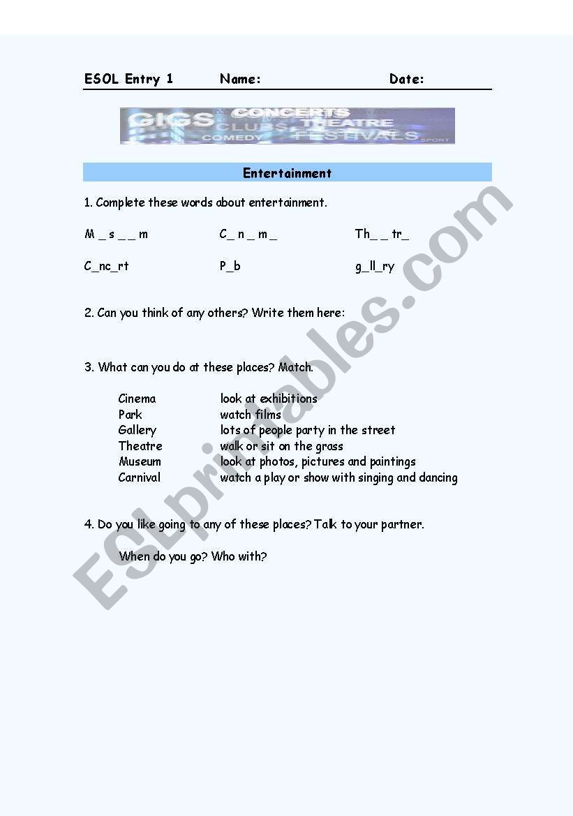 Entertainment worksheet