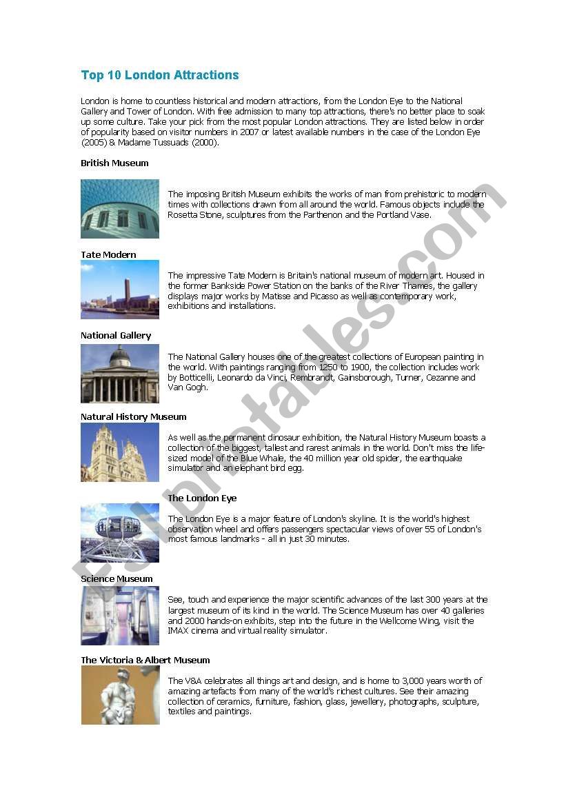 Top Ten London Attractions worksheet