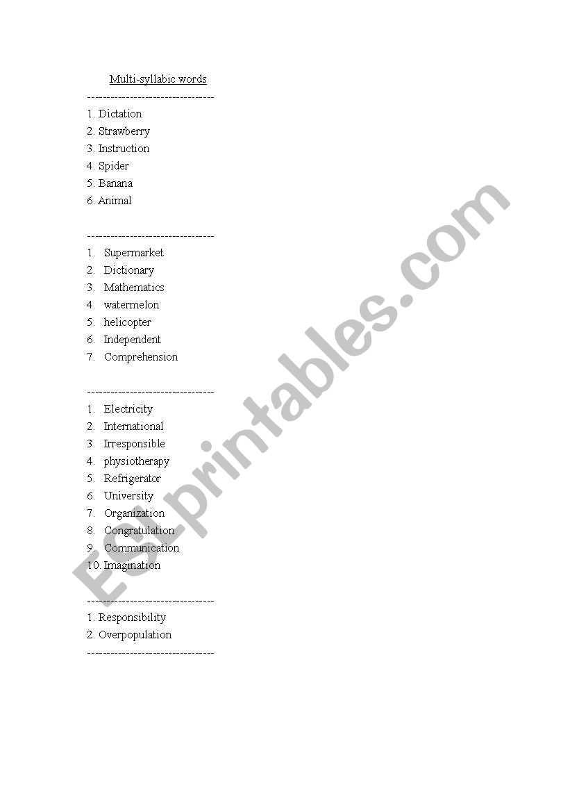 Multi-syllabic word list worksheet
