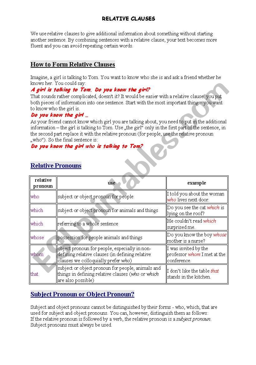 Relative Clauses worksheet