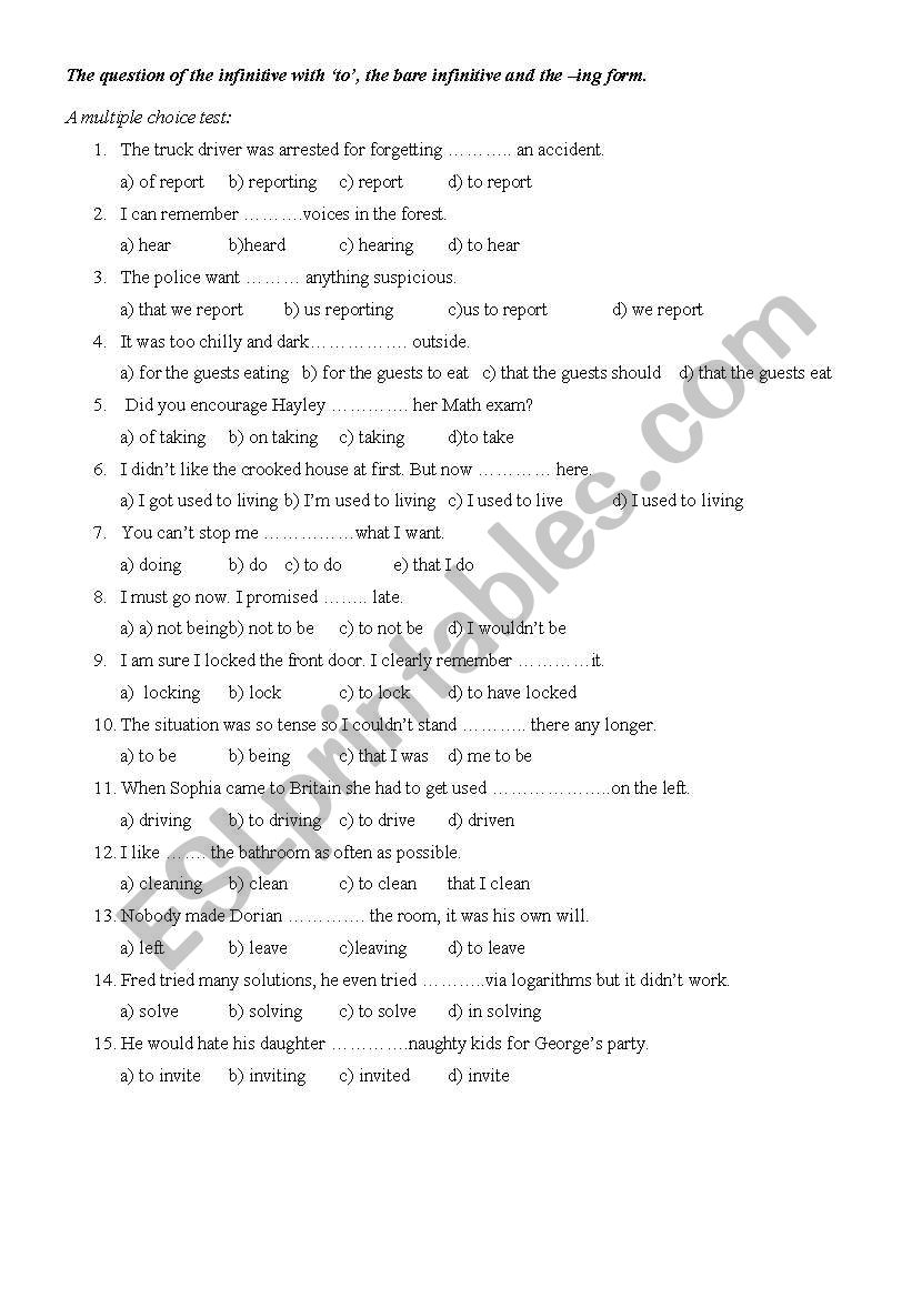 The question of the infinitive with ‘to’, the bare infinitive and the –ing form.