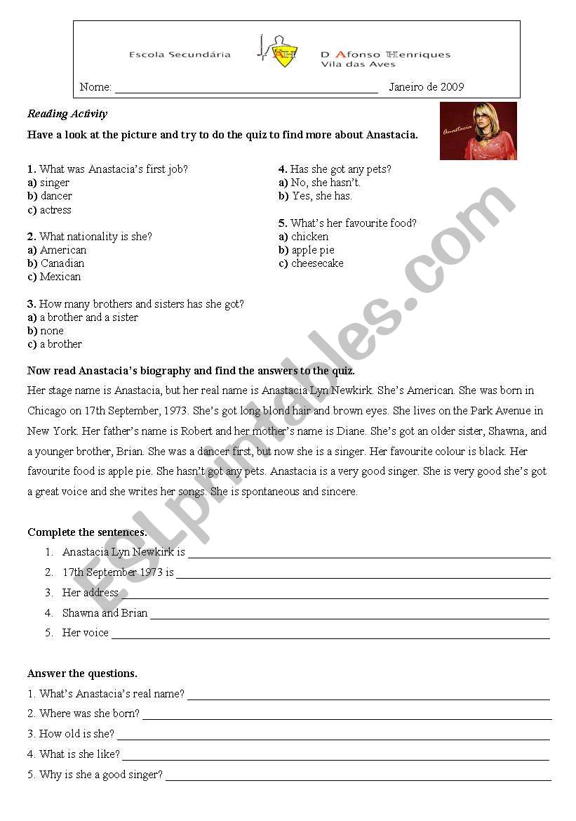 Anastacis biography worksheet