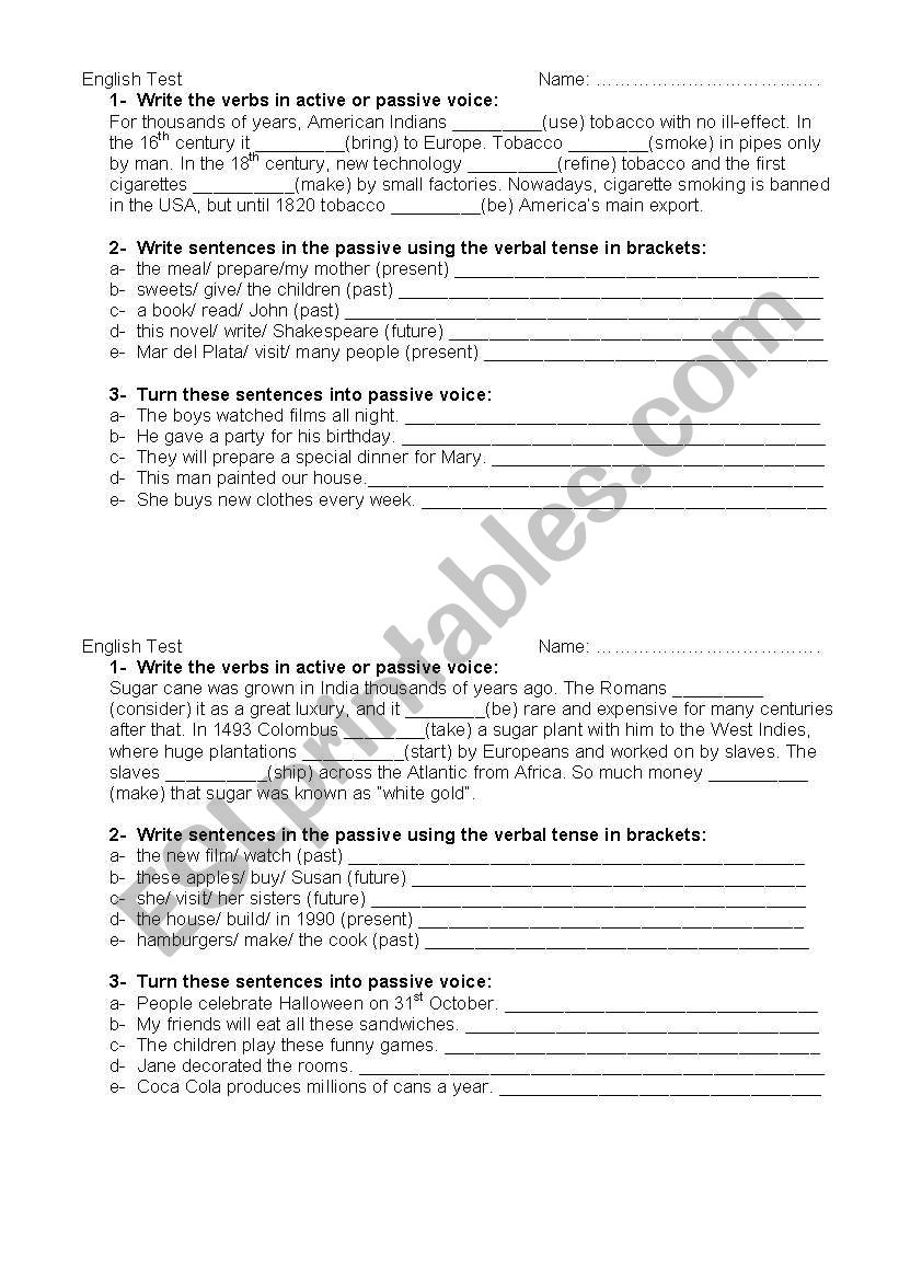 Passive voice written test worksheet