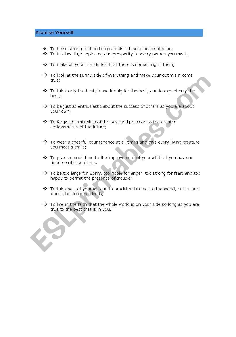 Promise Yoyrself worksheet