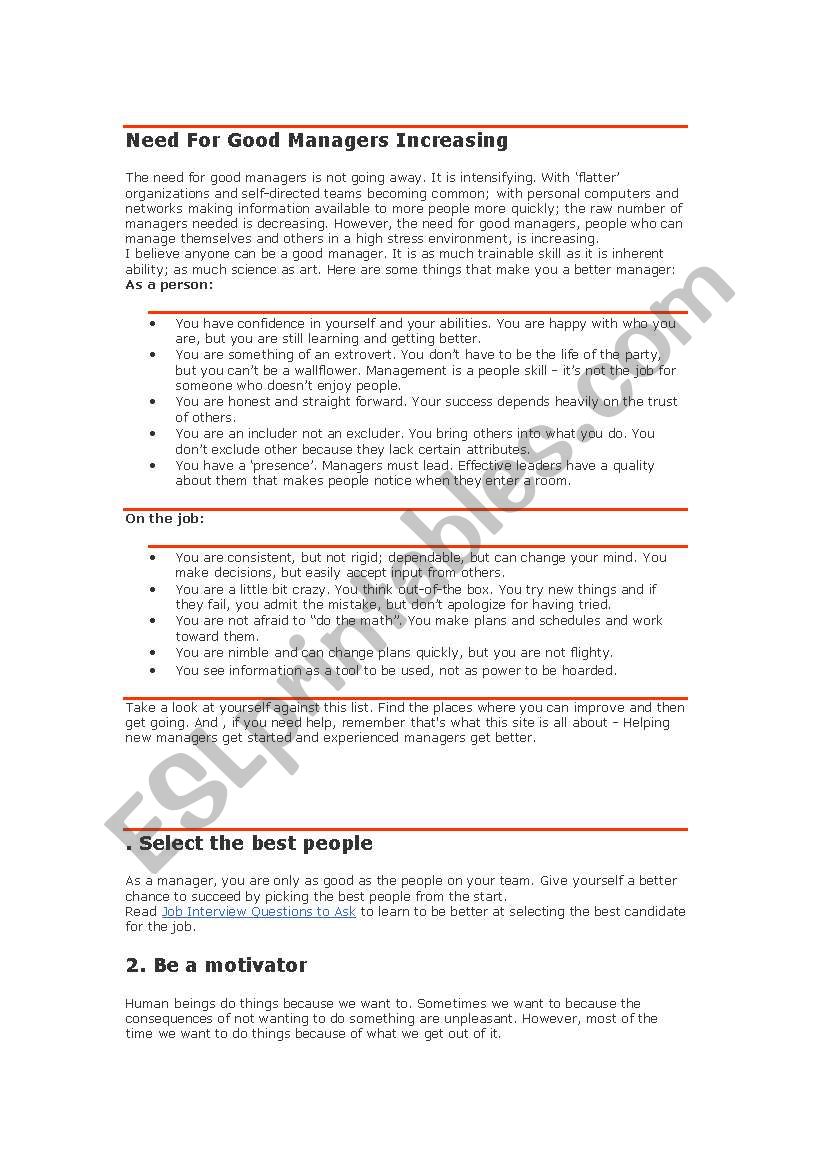 How to be a good Manager worksheet