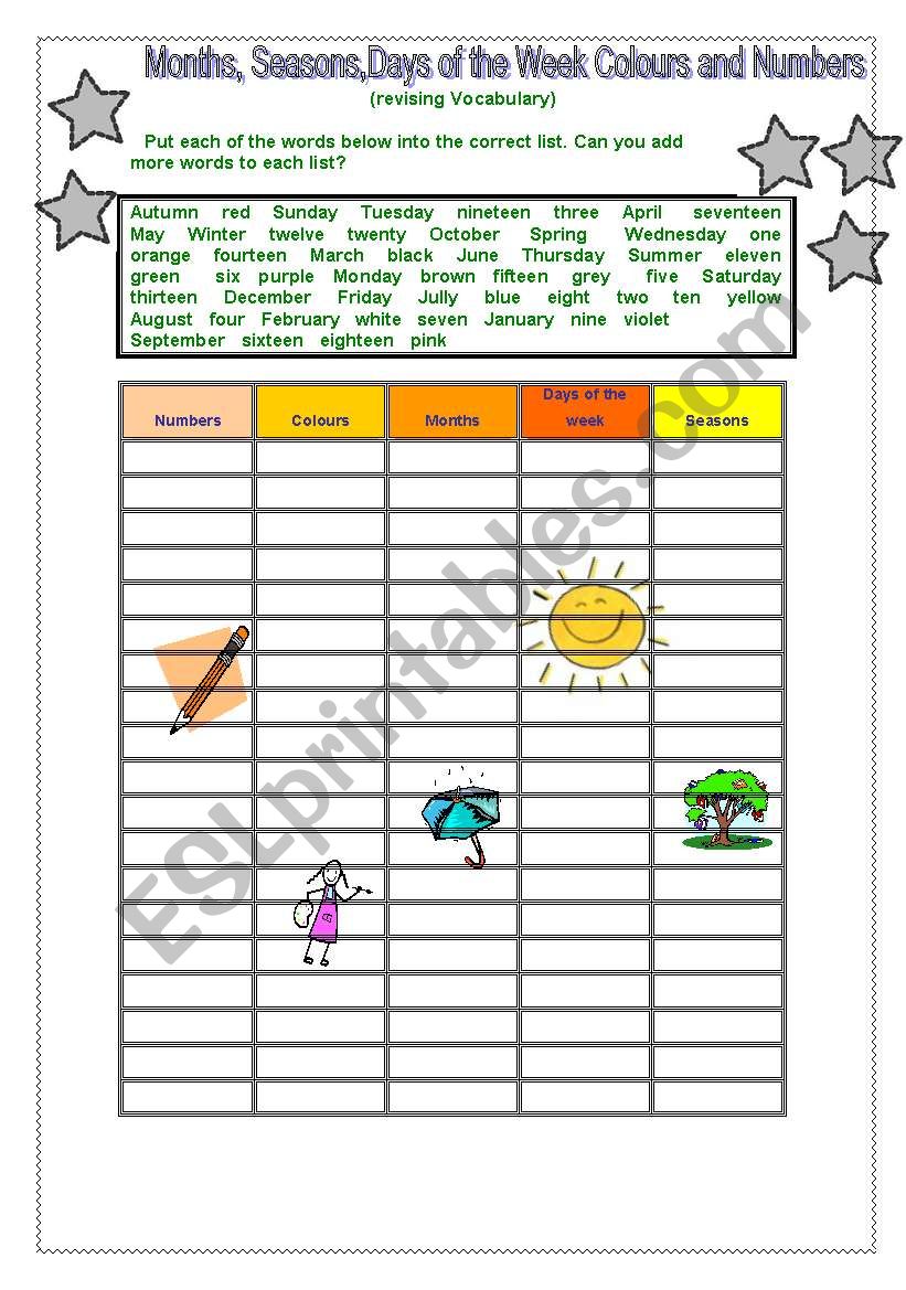 Months, Seasons, days of the Week, Colours and Numbers