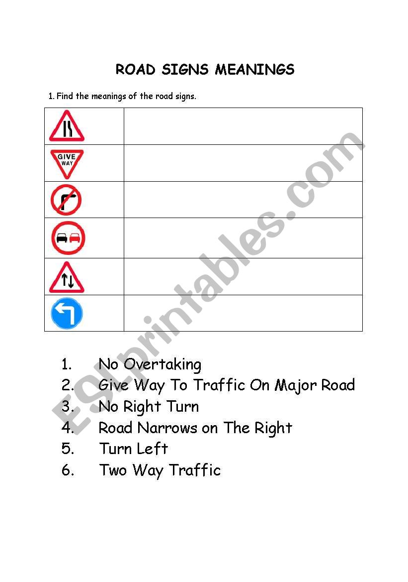 road signs worksheet