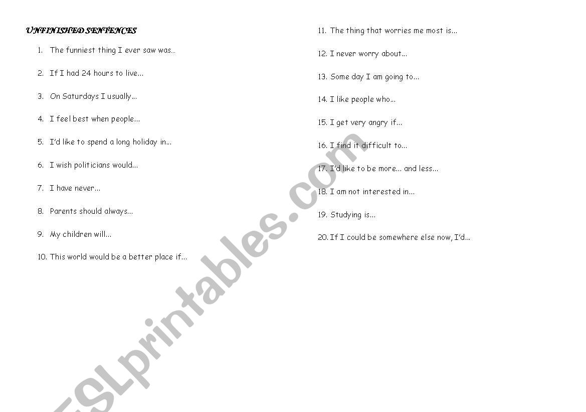 unfinished sentences worksheet