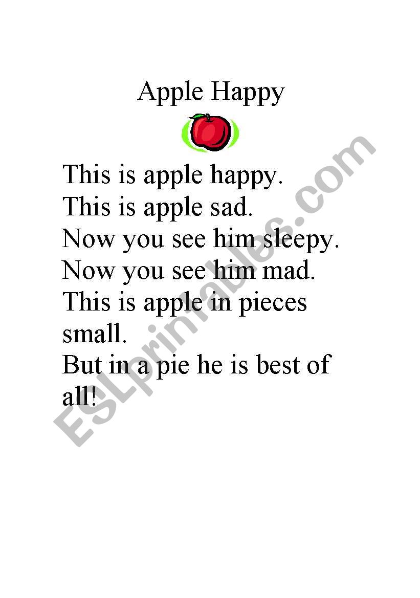 Apple Happy poem worksheet