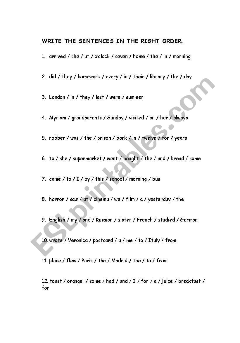 sentence order past simple worksheet