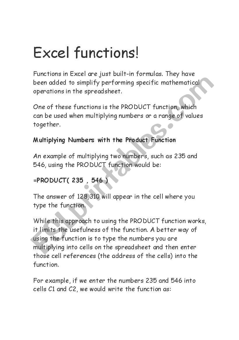 excel functions worksheet