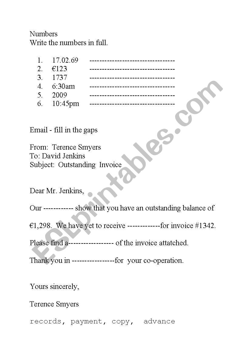 numbers  and emails worksheet