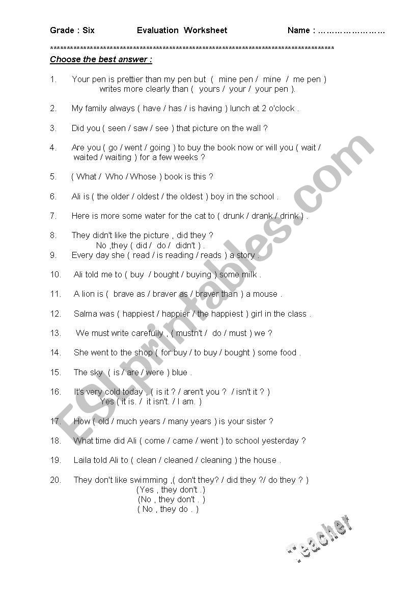 Evaluation worksheet worksheet