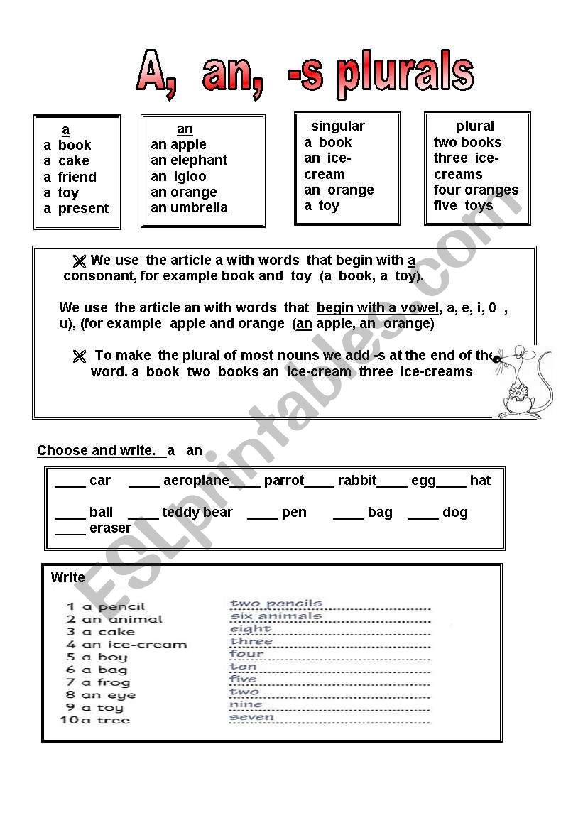 A,  an,  -s plurals worksheet