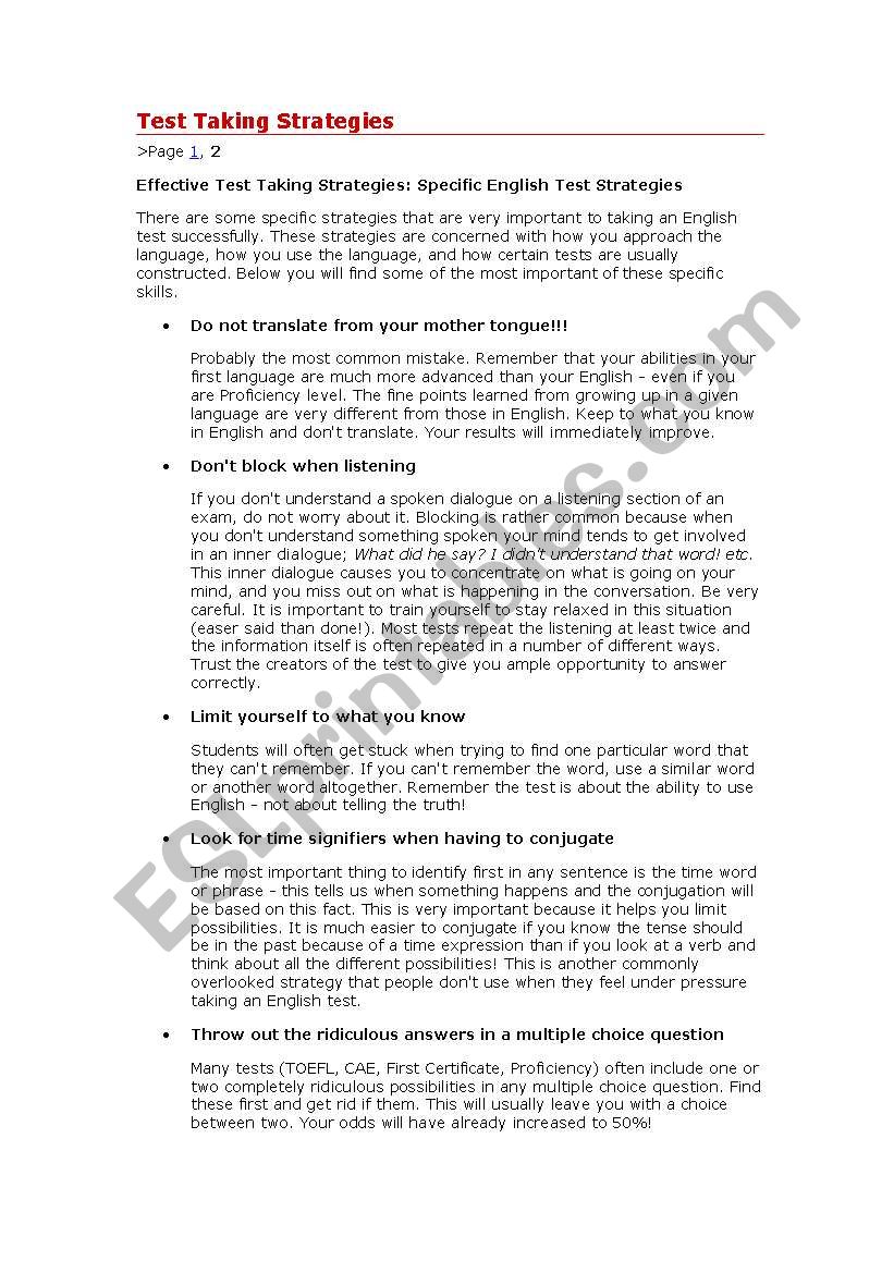 Test Taking Strategies Worksheets
