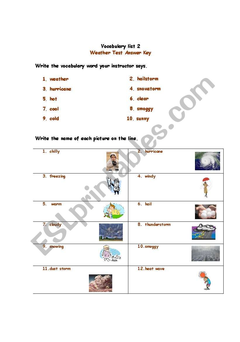  Vocabulary list 2  weather test answer key
