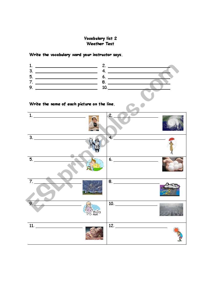  Vocabulary list 2 weather test learners copy