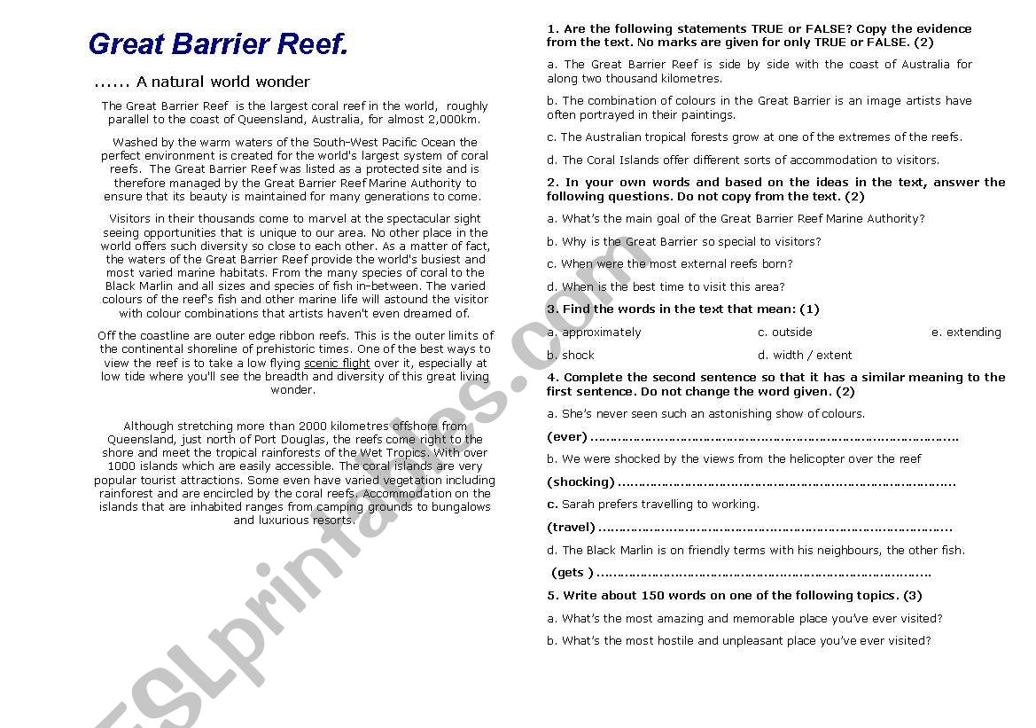 The Great Barrier Reef worksheet