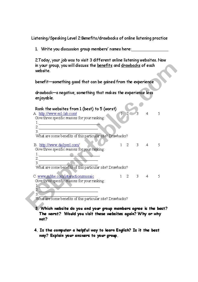 Listening Website Evaluation worksheet