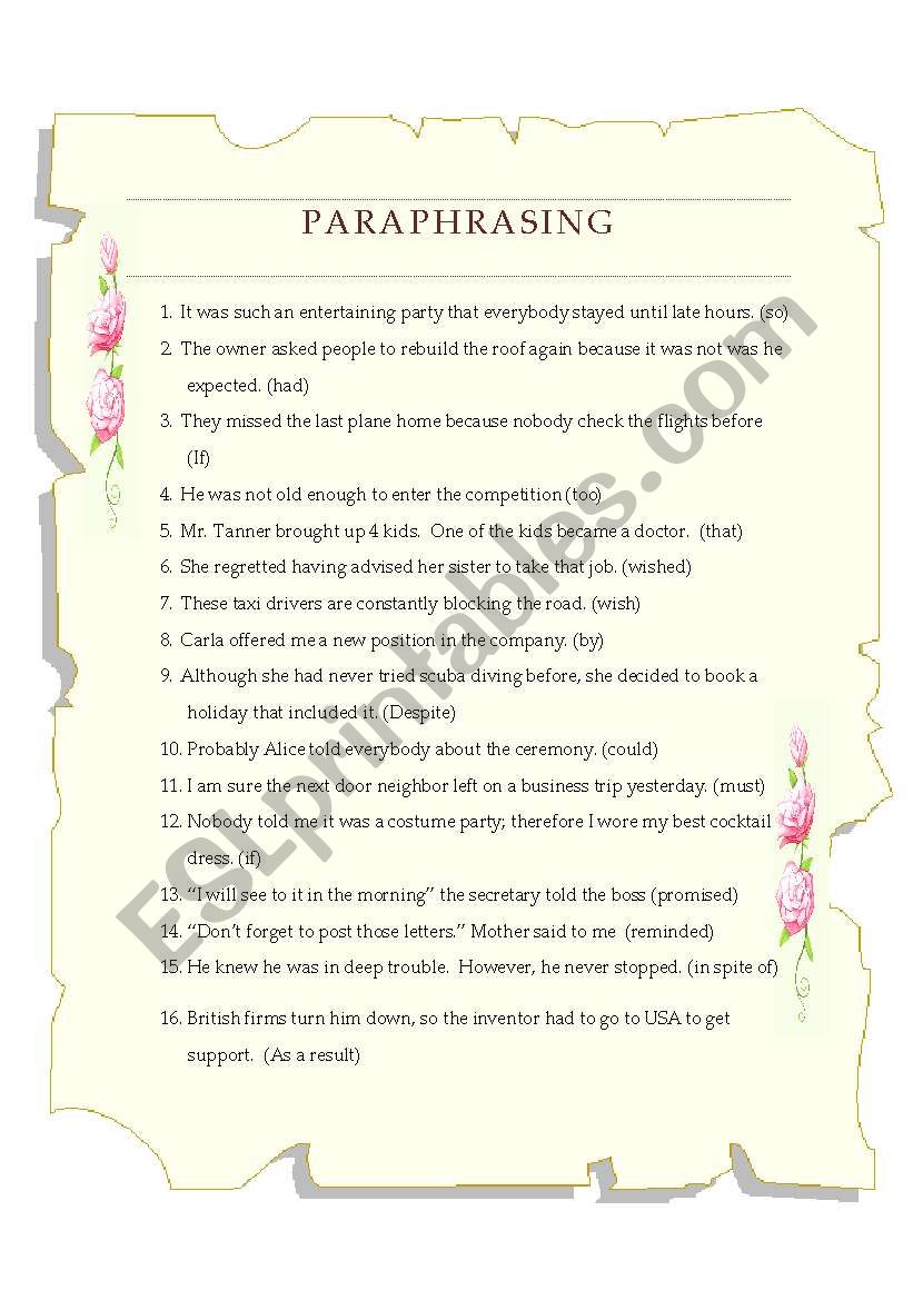 Paraphrasing worksheet