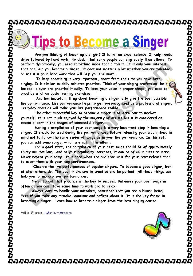 Tips to become a singer (Reading Comprehention)